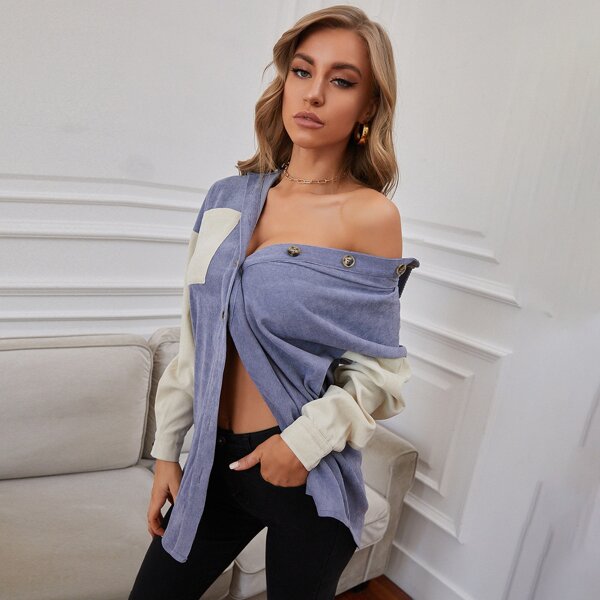 

Colorblock Chest Pocket Oversized Corduroy Blouse, Multicolor