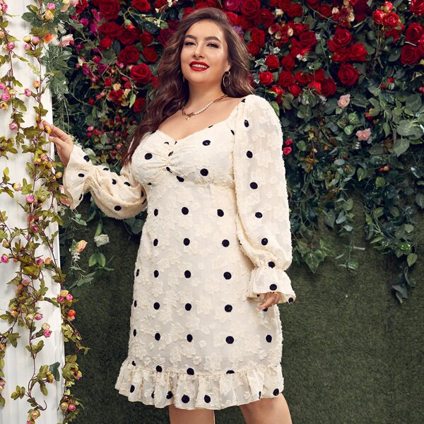 

Plus Polka Dot Ruched Chiffon A-line Dress, Apricot