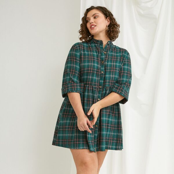 

Plus Tartan Button Front Babydoll Dress, Multicolor