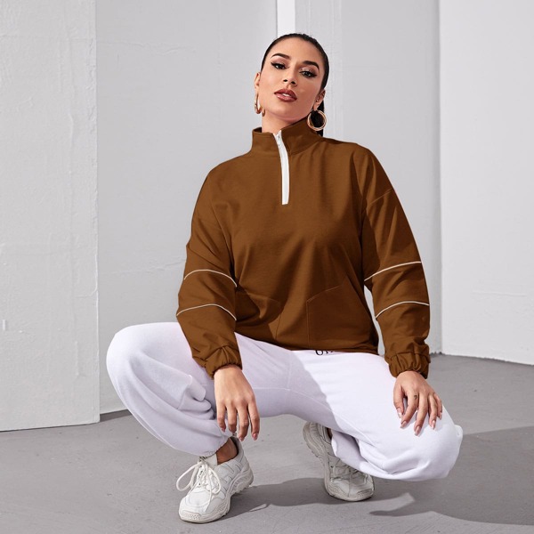 

Zip Up Drop Shoulder Reflective Striped Sweatshirt, Coffee brown