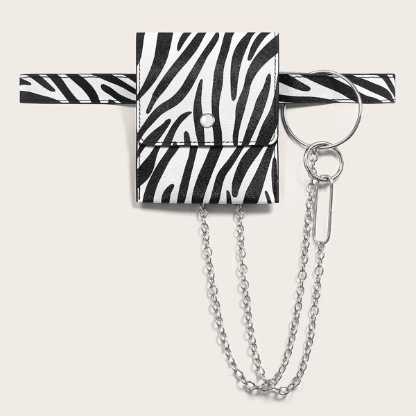 

Mini Zebra Print Chain Decor Belt Bag, Black and white