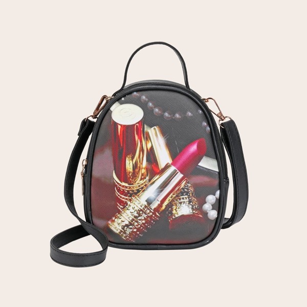 

Lipstick Graphic Satchel Bag, Black