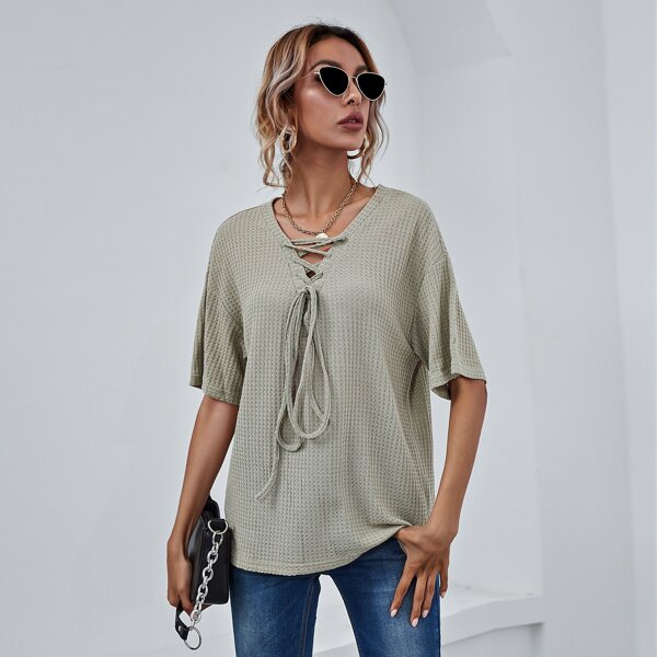 

Drop Shoulder Lace Up Front Tee, Grey