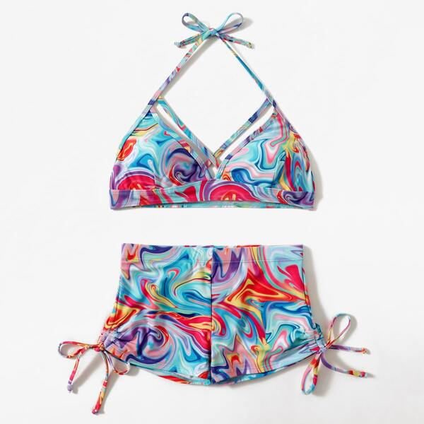 

Abstract Fluid Pattern Halter Shorts Bikini Swimsuit, Multicolor
