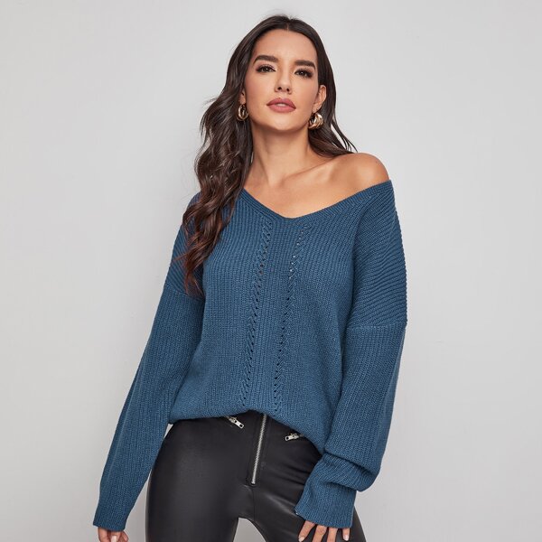 

V-neck Drop Shoulder Open Knit Panel Sweater, Navy blue