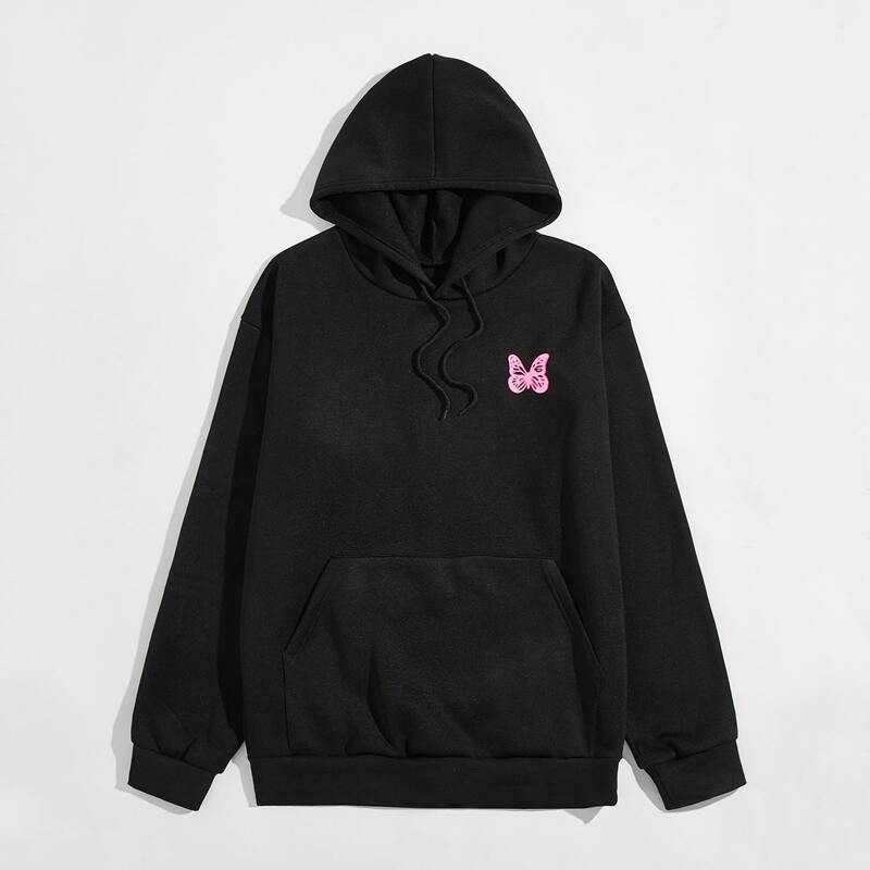 

Guys Kangaroo Pocket Butterfly Print Hoodie, Black