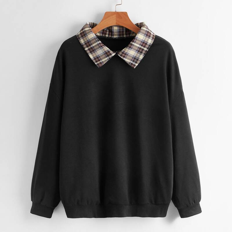 

Contrast Plaid-Collar Oversized Sweatshirt, Black