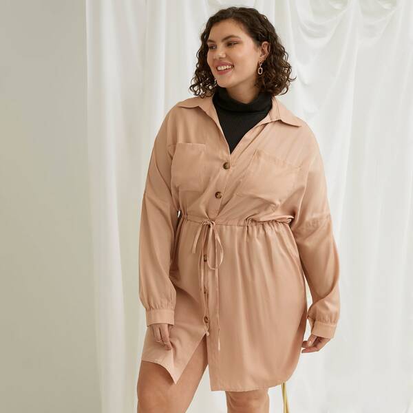 

Plus Solid Drawstring Waist Button Through Night Dress, Apricot