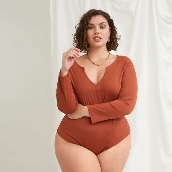 

Plus Solid Notched Neck Ribbed Bodysuit, Burnt orange