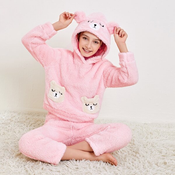 

Girls Cartoon Pattern Patch Pocket Teddy Hoodie With Ears & Pants PJ Set, Pastel baby pink