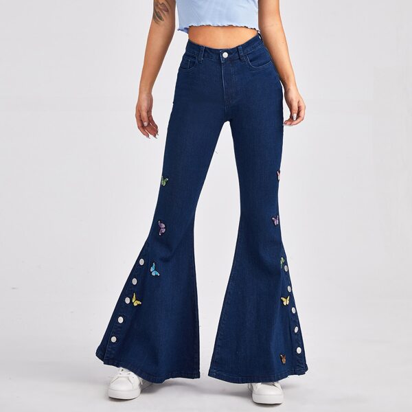

High Waist Butterfly Patch Flare Leg Jeans, Dark wash