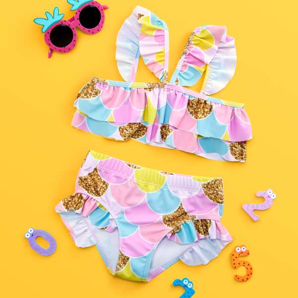 

Toddler Girls Fish Scale Print Ruffle Bikini Swimsuit, Multicolor