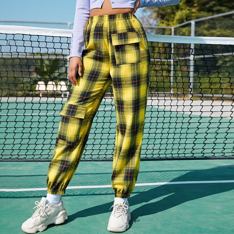 

Elastic Waist Flap Pocket Tartan Pants, Multicolor