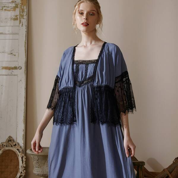 

Contrast Lace Slip Nightdress & Robe, Dusty blue