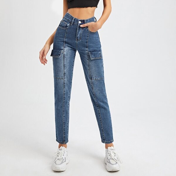 

High Waisted Zipper Fly Cargo Jeans, Medium wash