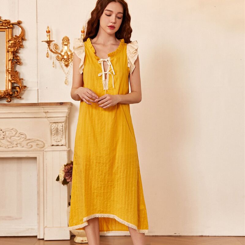 

Ruffle Trim Tie Front High Low Night Dress, Yellow