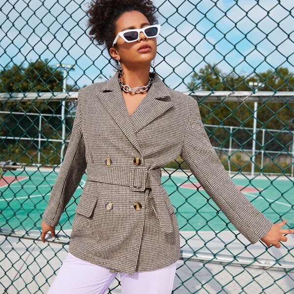 

Lapel Collar Flap Detail Buckle Belted Blazer, Multicolor