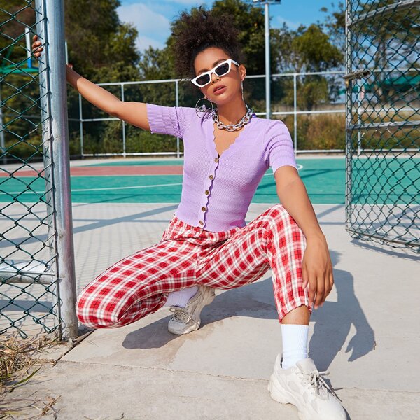 

Button Placket Pointelle Knit Cardigan, Lilac purple
