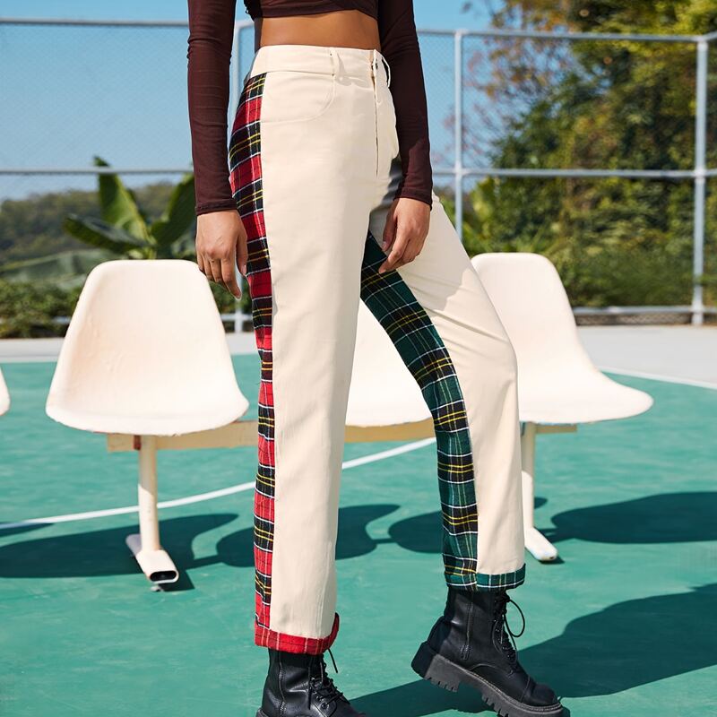 

Zipper Fly Tartan Colorblock Pants, Multicolor