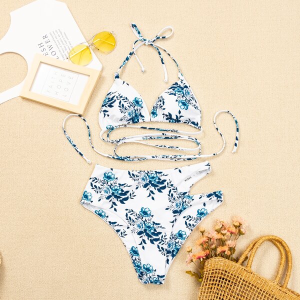 

Floral Criss Cross Halter Bikini Swimsuit, Multicolor