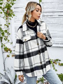 SHEIN LUNE Abrigo de cuadros de hombros caídos - Blanco y Negro - Ver 3