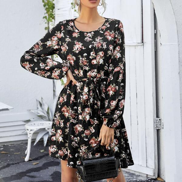 

Allover Floral Bishop Sleeve Belted Dress, Black