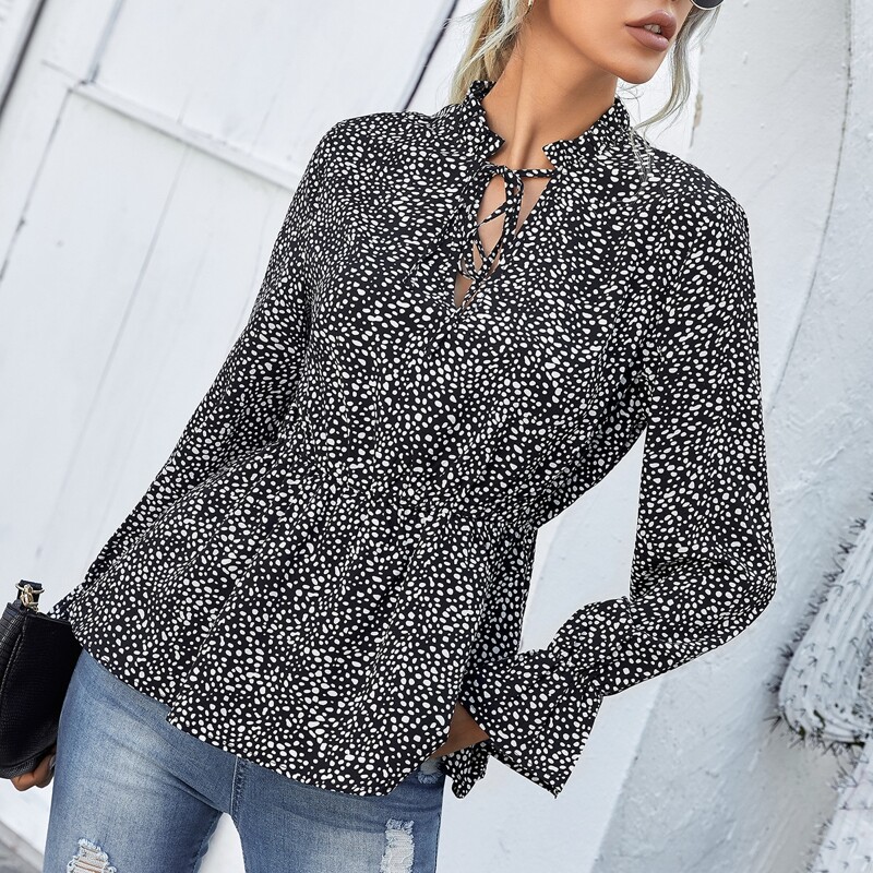

Tie Neck Allover Print Flounce Sleeve Blouse, Black and white