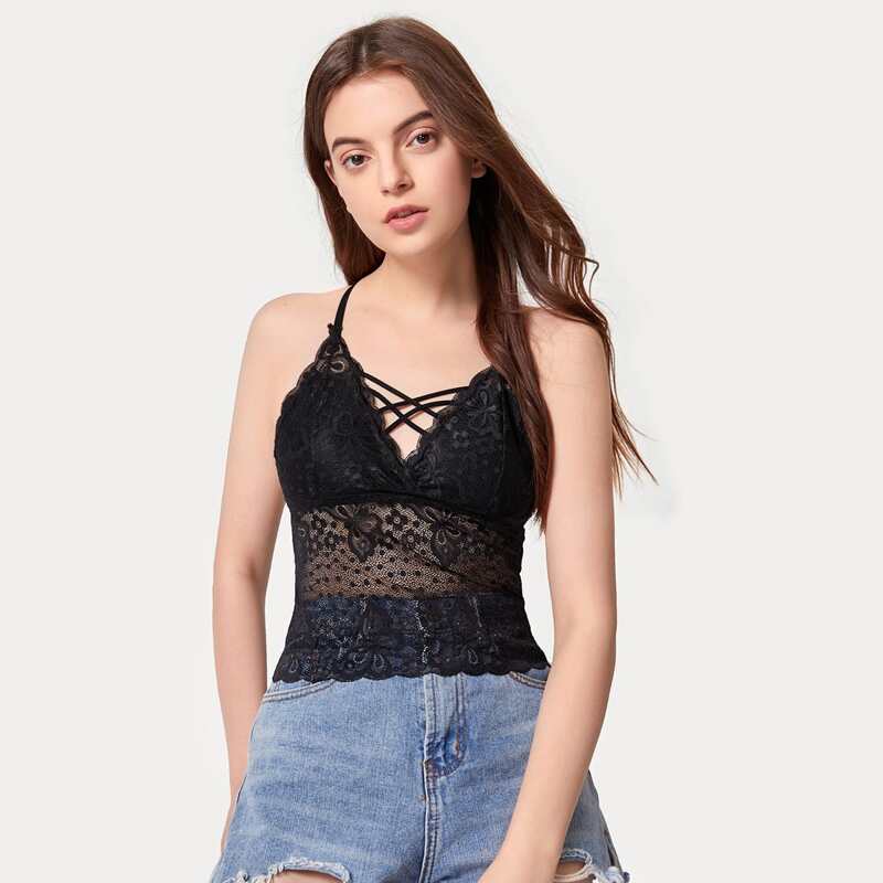 

Floral Lace Longline Bralette, Black