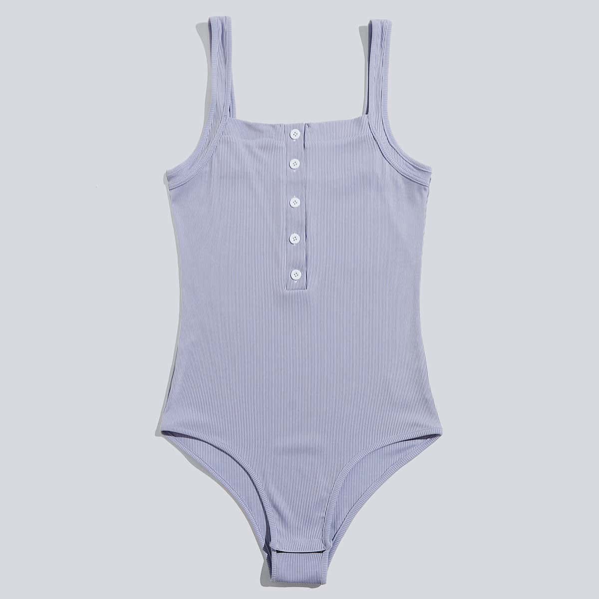 

Solid Button Front Cami Bodysuit, Lilac purple
