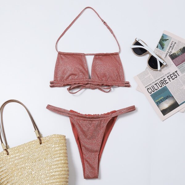 

Glitter Cut-out Thong Bikini Swimsuit, Rusty rose