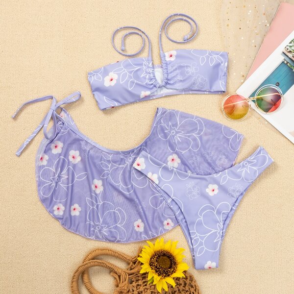 

3pack Floral Halter Bikini Swimsuit & Beach Skirt, Pastel lilac purple