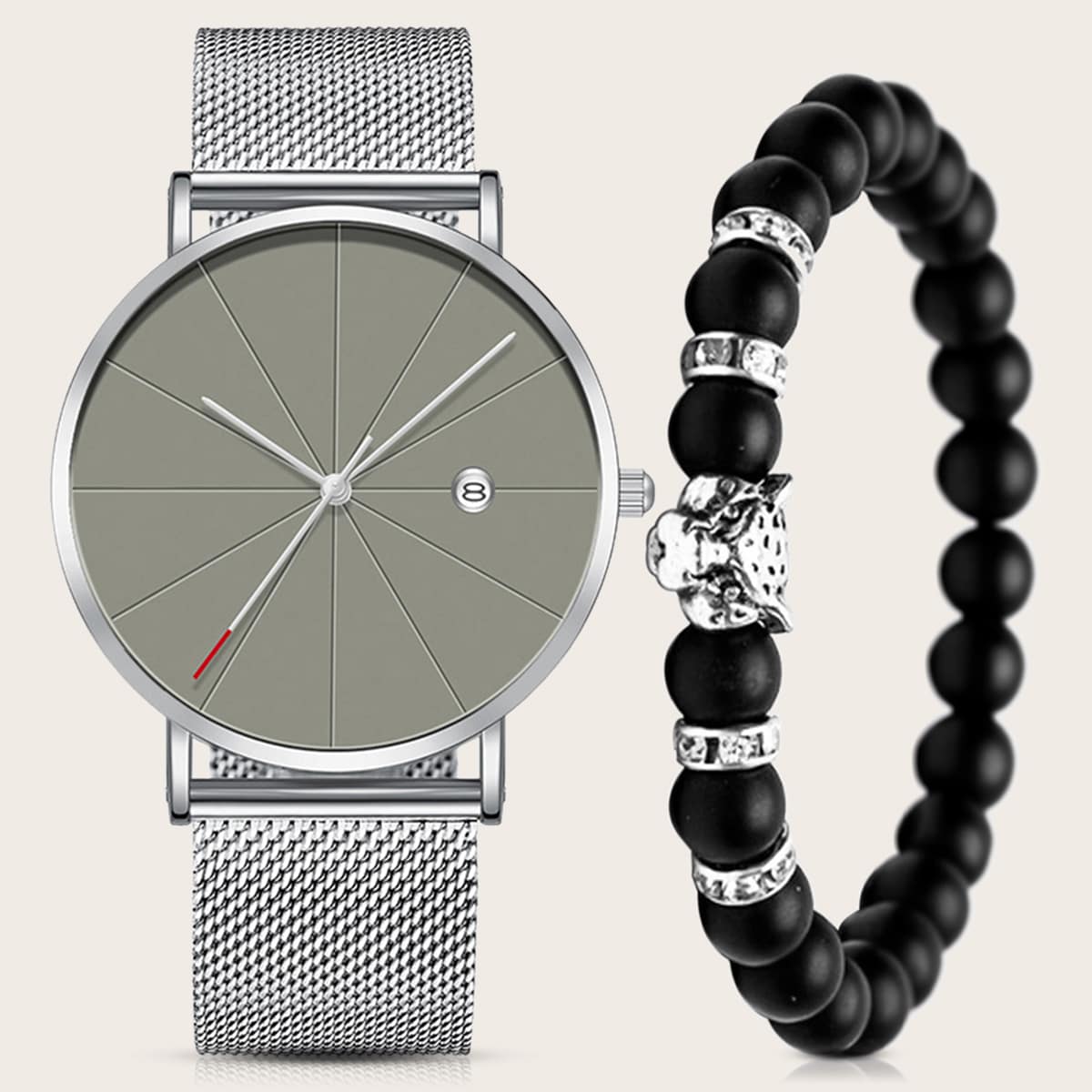 Image of 1pc Men Date Mesh Strap Quartz Watch & 1pc Bracelet