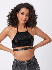 Faux Leather Buckle Bralette - Black - View 1