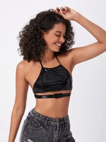 Faux Leather Buckle Bralette - Black - View 3