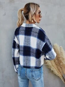 SHEIN LUNE Plaid Drop Shoulder Crop Shacket - Multicolor - View 2