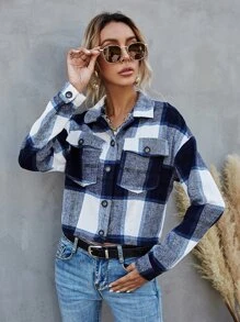 SHEIN LUNE Plaid Drop Shoulder Crop Shacket - Multicolor - View 6