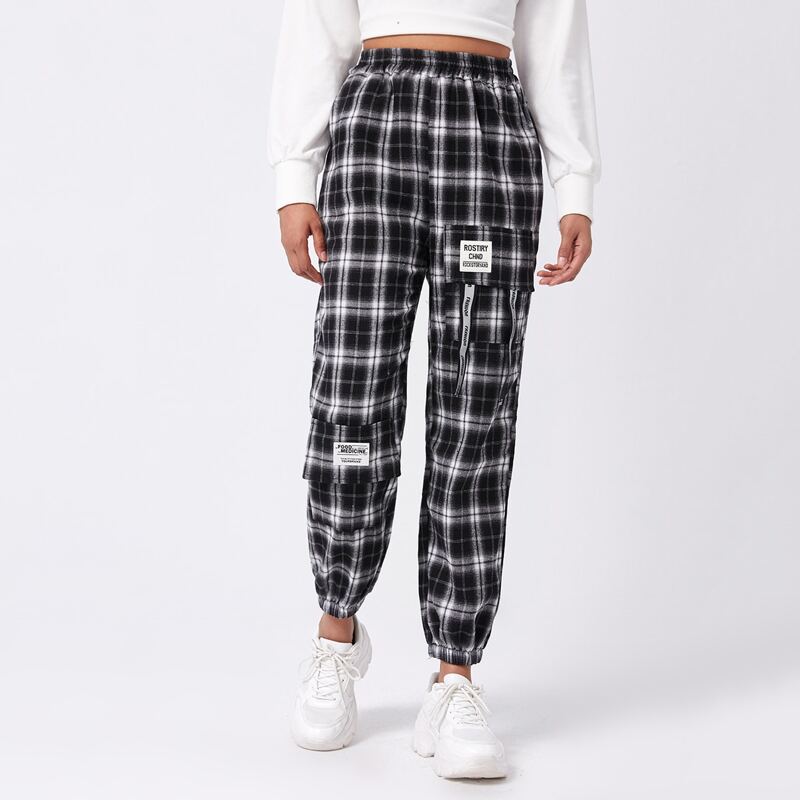 

Plaid Flap Pockets Letter Tape Cargo Pants, Black and white