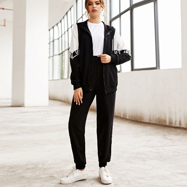 

Colorblock Letter Graphic Hoodie & Sweatpants, Black