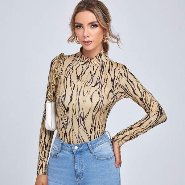 

Allover Print Mock Collar Tee, Multicolor