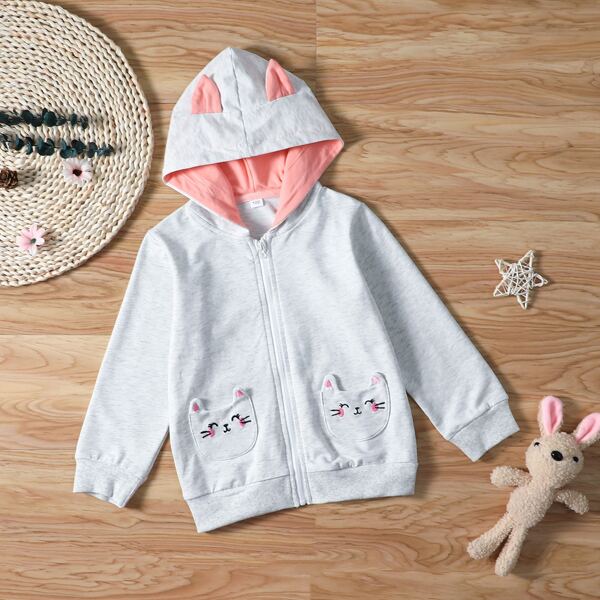 

Toddler Girls 3D Ear Patched Cartoon Hooded Jacket, Light grey