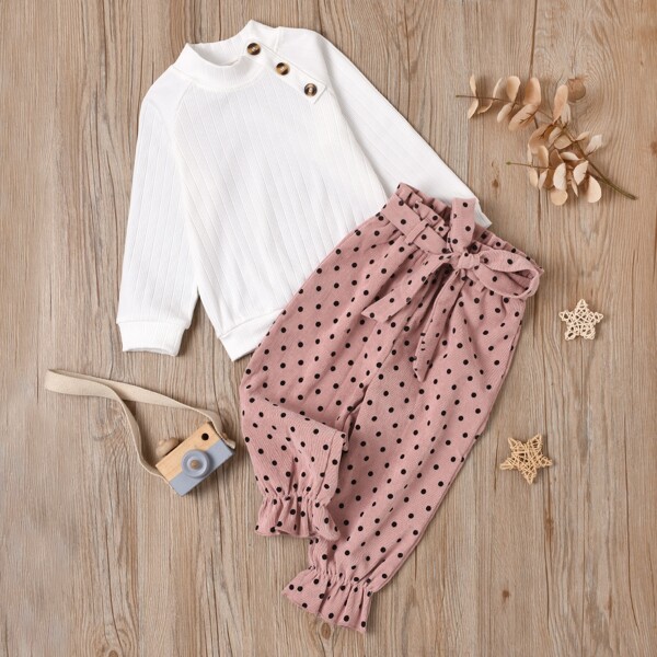 

Toddler Girls Button Front Sweatshirt & Polka Dot Belted Pants, Multicolor