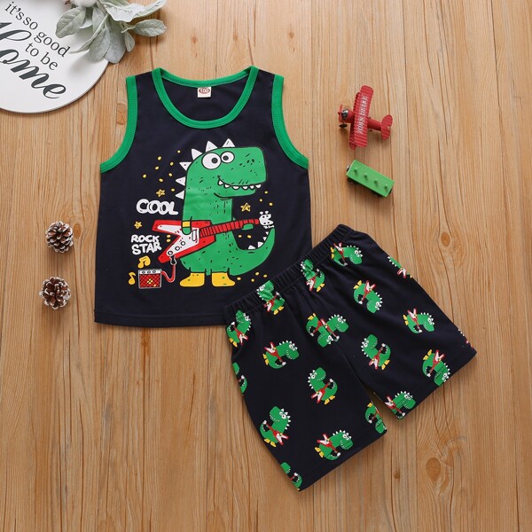 

Toddler Boys Contrast Binding Dinosaur Print Tank Top & Shorts, Navy blue