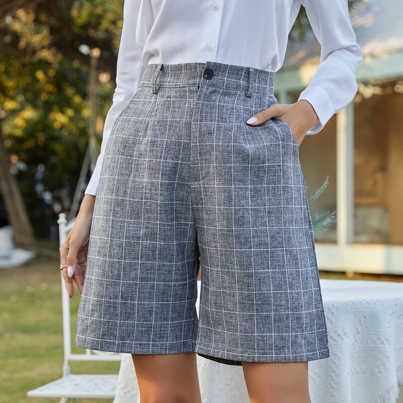 

Plaid Slant Pocket Shorts, Grey