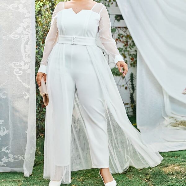 

Plus Notched Collar Belted Solid Jumpsuit, White