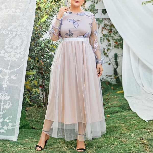 

Plus Butterfly Embroidered Sheer Mesh Dress, Multicolor