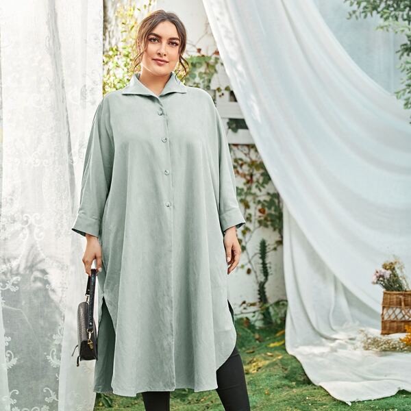 

Plus Single Breasted Solid Blouse, Mint green