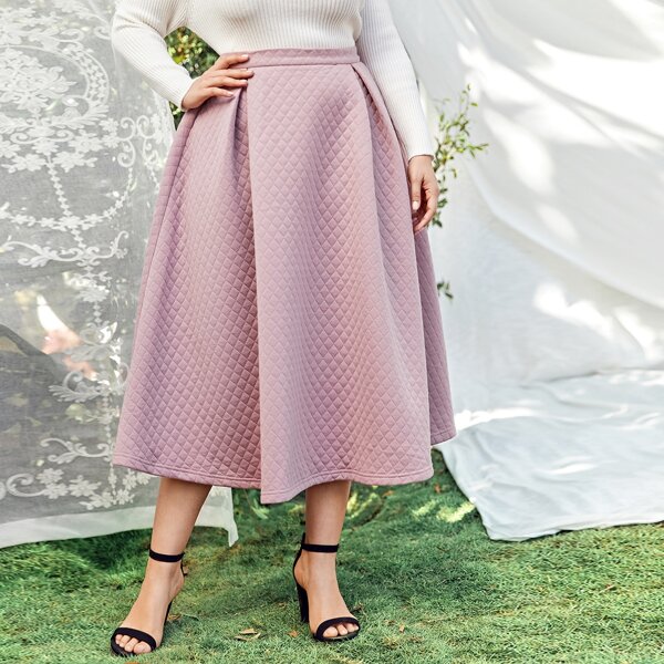 

Plus Elastic Waist Boxy Pleated Quilted Skirt, Dusty pink