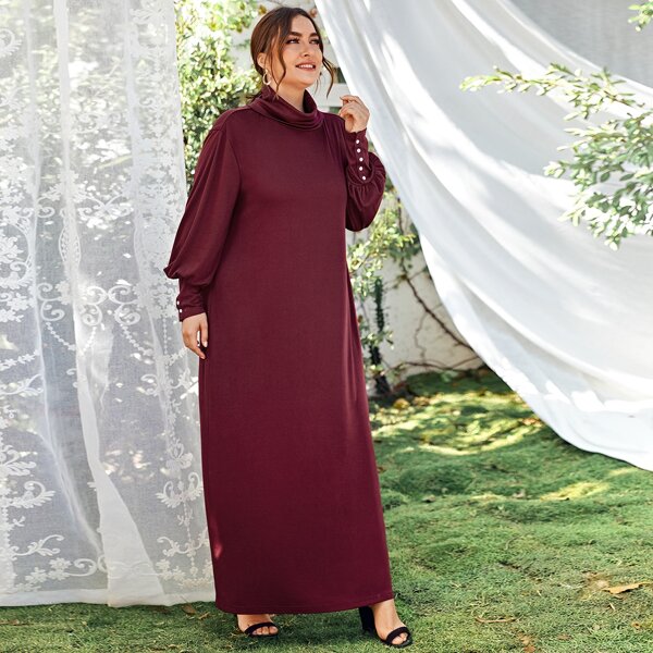 

Plus High Neck Lantern Sleeve Solid Dress, Burgundy