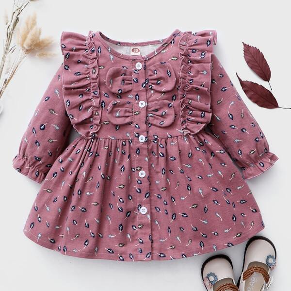 

Baby Girl Ruffle Trim Allover Print Dress, Dusty pink