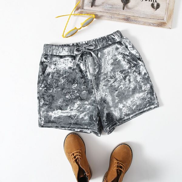

Girls Drawstring Waist Velvet Shorts, Grey